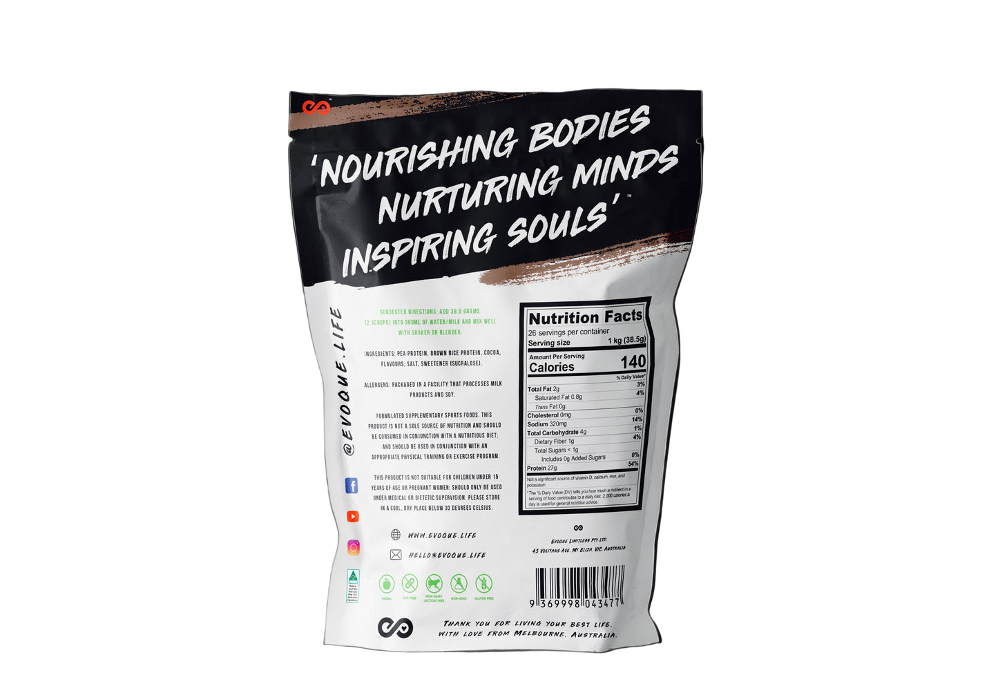 Nutrition powder package with text 'Nourishing Bodies, Nurturing Minds, Inspiring Souls' on a white background