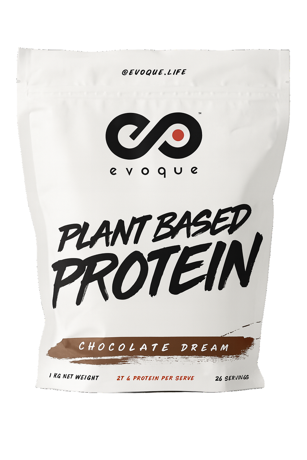 Evoque plant-based protein package with chocolate dream flavor on a white background