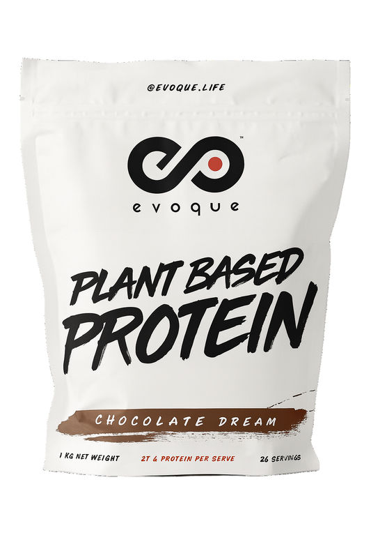 Evoque plant-based protein package with chocolate dream flavor on a white background