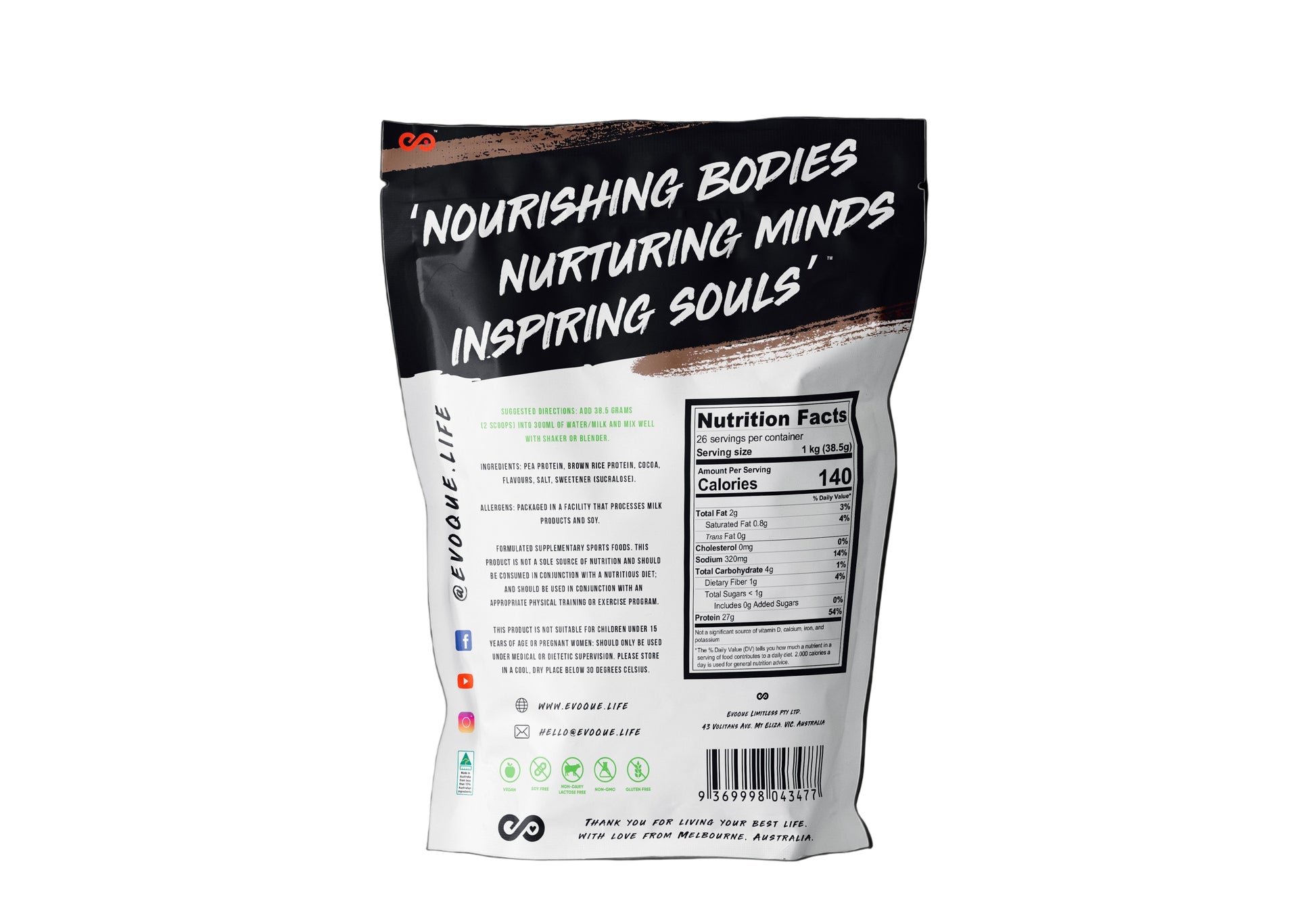 Nutrition powder package with text 'Nourishing Bodies, Nurturing Minds, Inspiring Souls' on a white background